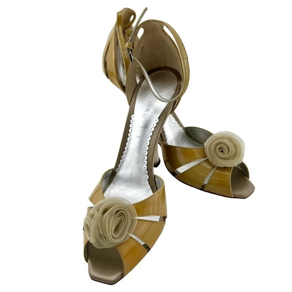 New Giorgio Armani Women US 9 Shoes Beige Patent Leather Wedge High Heel Sandals - Picture 4 of 14